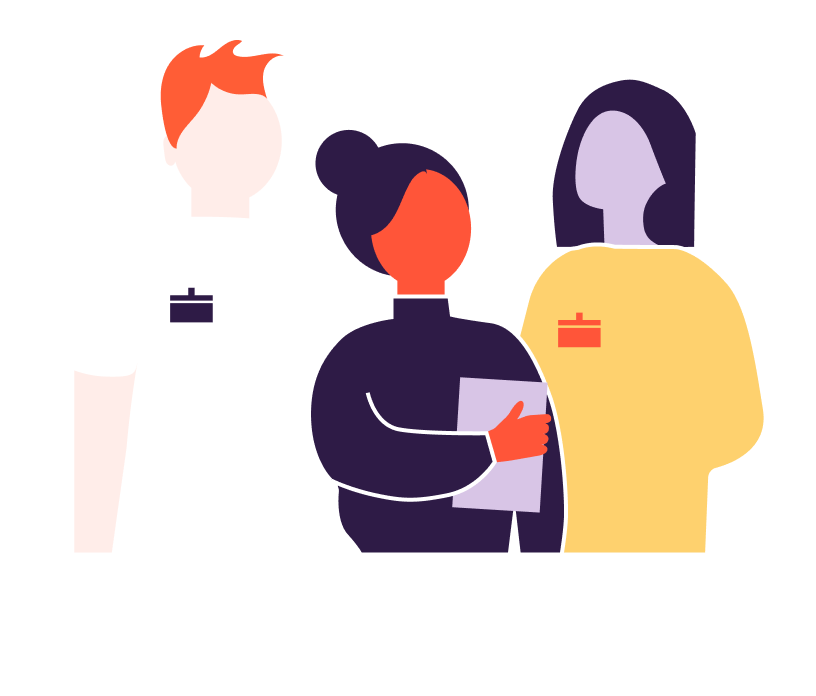 illustration in flat design style of 3 staff members standing in a group with name tags on, holding clipboard